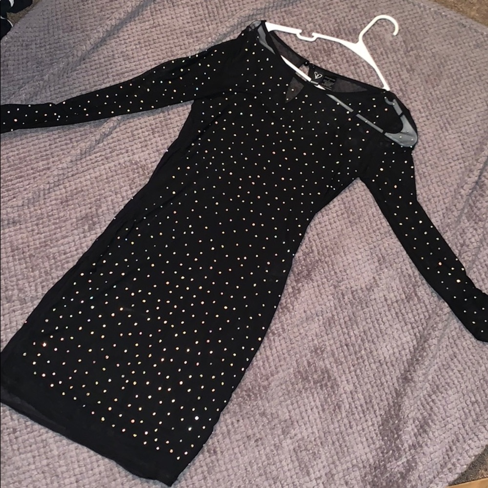 Long sleeve rhinestone black dress